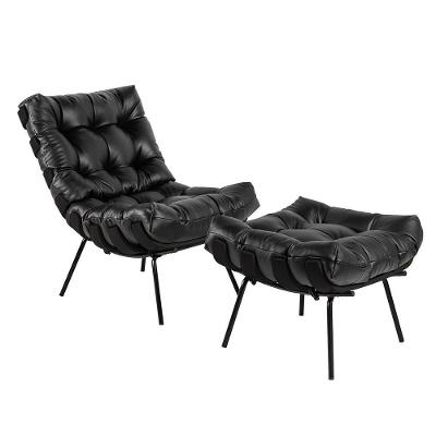Poltrona e Puff Decorativos G34 para Sala de Estar Costela em Couro Preto Gran Belo