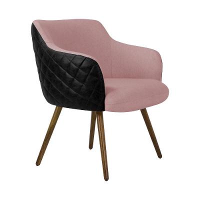 Poltrona Decorativa Kitana Pu e Linho Preto e Rosa com Pés Palito Gran Belo