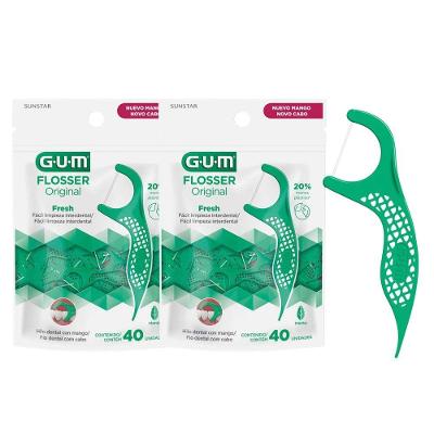 Kit Fio Dental com Haste Flosser Gum Forquilha Verde Cabo Sabor Menta 80 Unidades