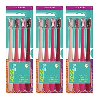 Kit Escova de Dente Kess Basic Cerdas Macias Nylon Rosa com 12 Unidades
