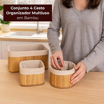 Conjunto de Cestos Organizadores 4 Peças em Bambu Multiuso para Ambientes