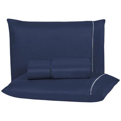 Jogo de Cama Aquarela Queen Micropercal 200 Fios Ponto Palito Azul Marinho Enxovais Aquarela