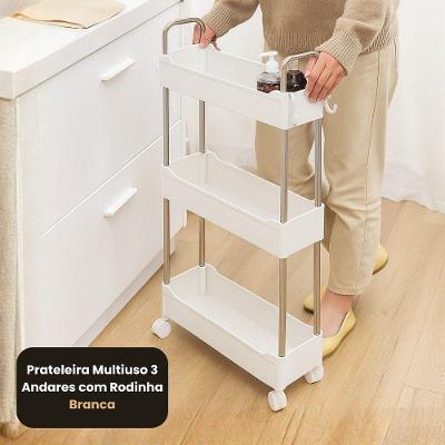 Prateleira Multiuso 3 Andares com Rodinha em Plástico Pp e Aço Inox para Cozinha Branca Globalmix