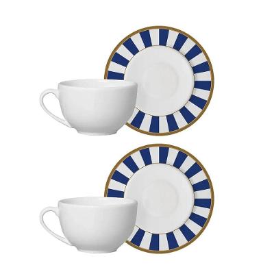 Jogo de Xícara de Chá Stripe com Pires Cerâmica Branca e Azul 250ML Alleanza