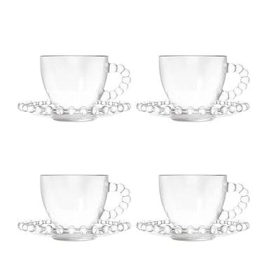 Jogo 4 Xícara de Café com Pires Cristal Coração 80ML para Mesa Transparente Lyor