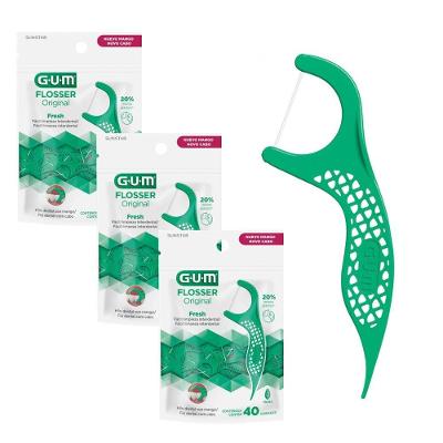 Kit Fio Dental com Haste Flosser Gum Forquilha Verde Sabor Menta 120 Unidades