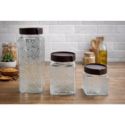 Conjunto com 3 Potes de Vidro para Mantimentos Textura Decorativa 1,2L Marrom