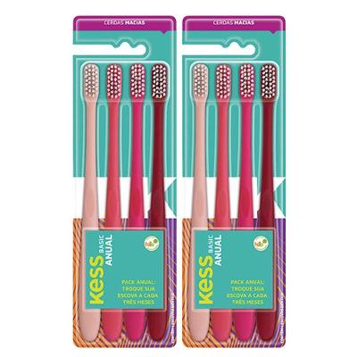 Kit Escova de Dente Kess Basic Cerdas Macias Nylon Rosa Pack Anual com 8 Unidades