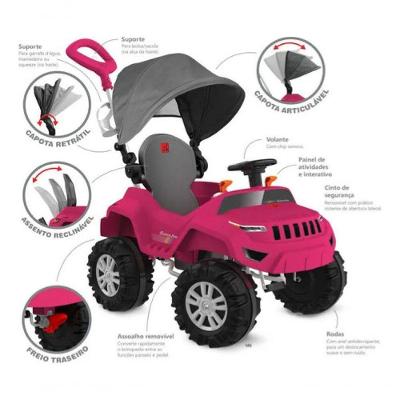Carrinho Infantil Superjipe Reclinável Capota Passeio e Pedal Rosa Brinquedos Bandeirante