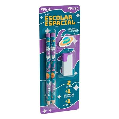 Kit Escolar com 2 Lápis Apontador e Borracha Tema Espacial Infantil