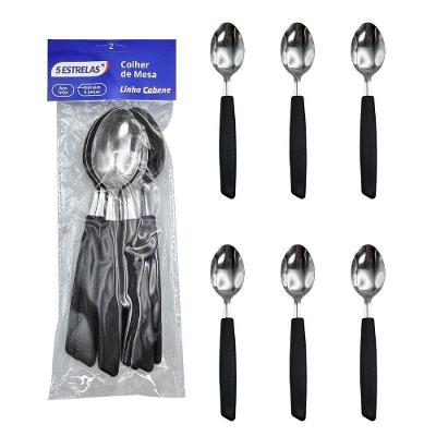 Kit 6 Peças Colher de Mesa Cabene Inox com Cabo Plástico Preto Bigsul