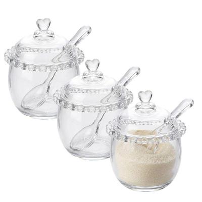 Kit 3 Açucareiro de Cristal com Colher Detalhes Coração 250ml Transparente Lyor