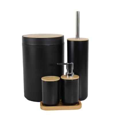 Conjunto para Banheiro Luxo 5 Peças Tampa Bambu com Escova Lixeira e Dispenser Preto Goedert