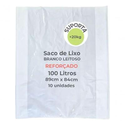 Saco de Lixo Branco Leitoso 100L Plástico Reforçado 0,9 Micras 89x85cm Kit 10 Unidades