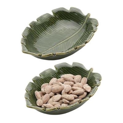 Kit 2 Mini Petisqueira Travessa Banana Leaf em Cerâmica Folha Decorativa Verde Lyor