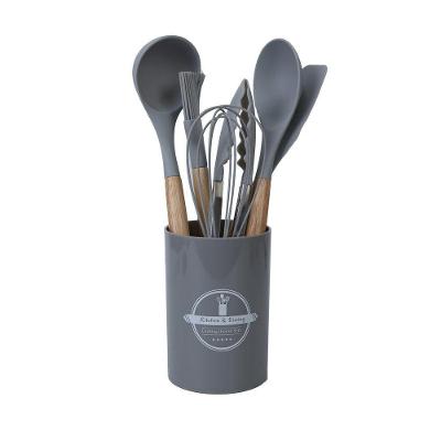 Jogo de Utensílios de Cozinha 7 Peças Silicone com Cabo de Madeira para Cozinhar Cinza Lehaví