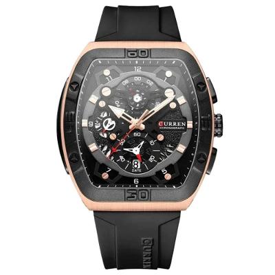 Relógio Masculino Cronógrafo Tonneau Esportivo com Pulseira de Silicone Preto Curren