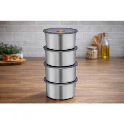 Conjunto de Potes Herméticos Redondos Inox 4 Peças 450ML para Cozinha Inox Top Rio Comercial