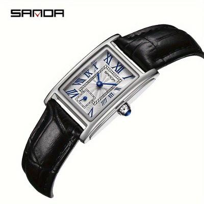 Relógio Feminino Sanda Elegante Pulseira de Couro Sintético Vermelho Preto Prateado