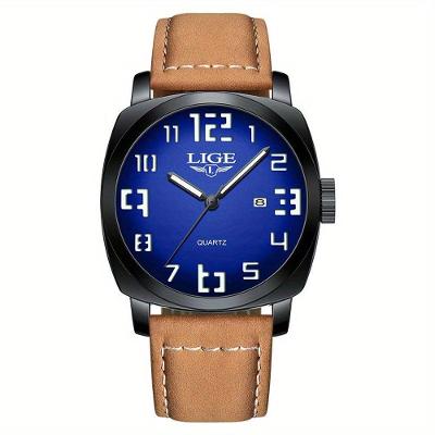 Relógio de Pulso Masculino Quartzo Lige com Mostrador Calendário Pulseira Couro Azul