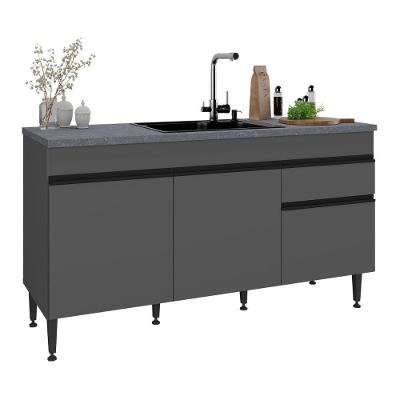 Balcão de Cozinha para Pia Milano MP2387 3 Portas 1 Gaveta 150cm Cinza Grafite Multimóveis