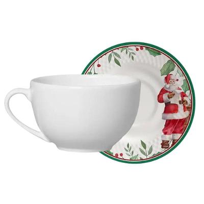Xícara de Chá com Pires Natal Azevinho Plus Papai Noel 300ml Cerâmica Branco Alleanza