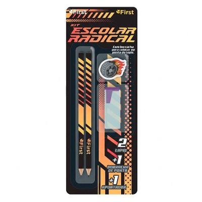 Kit Escolar Carros Racing com 2 Lápis Grafite Apontador e Borracha de Ponta