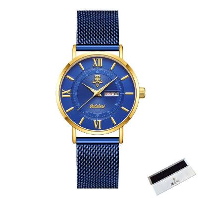 Relógio de Pulso Feminino de Quartzo Analógico e Digital com Pulseira em Aço Inox Azul Sanda