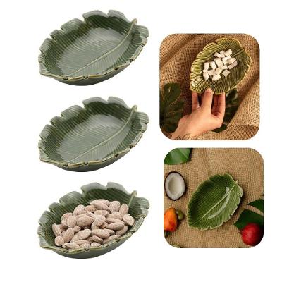 Kit 3 Mini Petisqueira Travessa Banana Leaf Cerâmica para Petiscos Verde Lyor