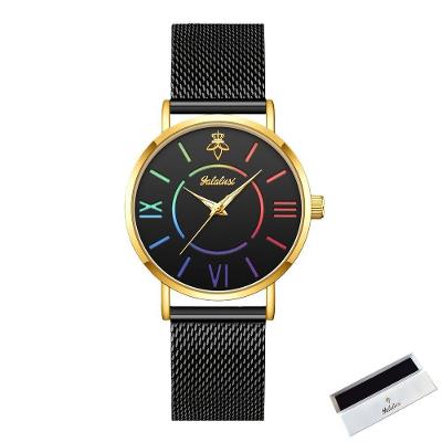 Relógio de Pulso Feminino de Quartzo Luxo Mostrador Redondo Analógico Aço Inox Preto Sanda