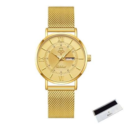 Relógio de Pulso Feminino de Quartzo Analógico e Digital com Pulseira em Aço Inox Dourado Sanda