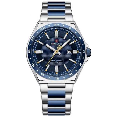 Relógio Masculino Quartzo Analógico Pulseira de Aço Inoxidável 3atm Azul Prata Naviforce