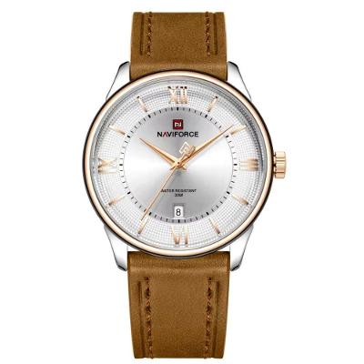 Relógio Masculino de Quartzo Analógico Couro à Prova D'agua 3atm Branco Marrom Naviforce