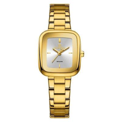 Relógio Feminino Quadrado Analógico à Prova D'água Pulseira de Aço Inox Branco Dourado Naviforce