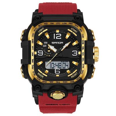 Relógio Digital Masculino Triplo Fuso Horário Vermelho Dourado Sanda