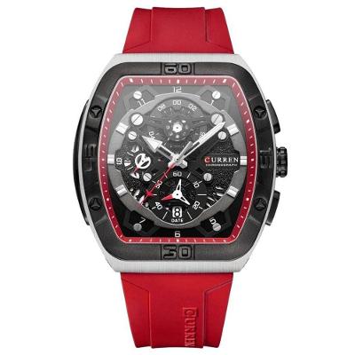 Relógio de Pulso Masculino Tonneau Cronógrafo Pulseira de Silicone Vermelho Curren