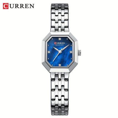 Relógio Feminino de Pulso Analógico Mostrador Quadrado Azul Pulseira Aço Inox Sofisticado Curren