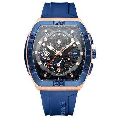 Relógio Masculino Tonneau Cronógrafo com Pulseira Esportiva de Silicone Azul Escuro Curren