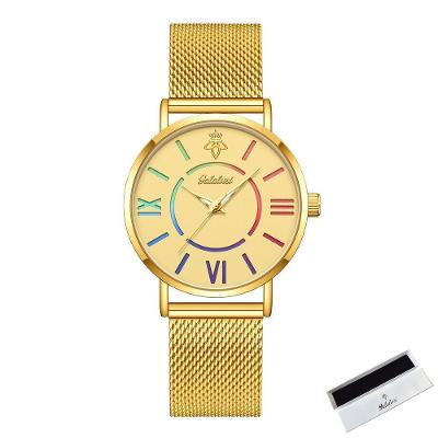 Relógio de Pulso Feminino de Quartzo Luxo Mostrador Redondo Analógico Aço Inox Dourado Sanda