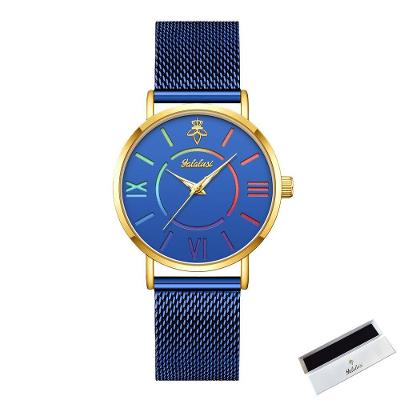 Relógio Feminino de Quartzo Luxo Mostrador Redondo Azul Pulseira Aço Inox Analógico Sanda
