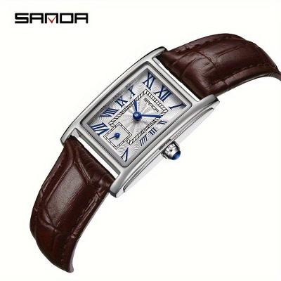 Relógio Feminino Sanda Elegante Analógico Pulseira de Couro Sintético Vermelho Prateado