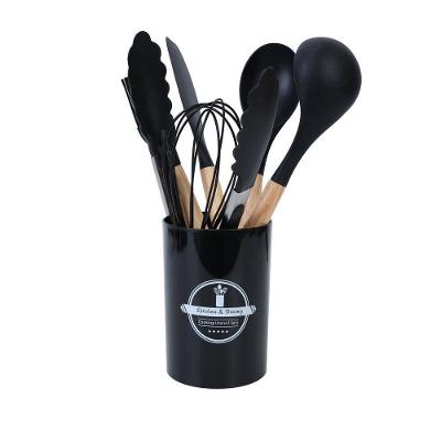 Jogo de Utensílios de Cozinha 7 Peças Silicone Preto com Cabo de Madeira Lehaví