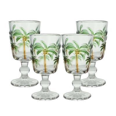 Jogo 4 Taças Tropical Palm Tree Coqueiro para Água Vidro 275ML Transparente Lyor