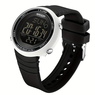 Relógio Feminino Digital Tela Eletrônica Grande com Pulseira de Silicone Branco e Preto Sanda