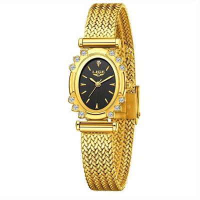Relógio Feminino Oval Lige Analógico de Malha com Pulseira em Aço Inox Dourado Preto