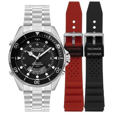 Relógio de Pulso Masculino Skydiver WT2060AC-T1P Anadigi Pulseira de Aço Inox Prata Technos
