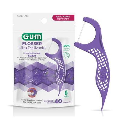 Fio Dental com Haste Gum Flosser Ultra Deslizante Menta com Forquilha Roxo 40 Unidades