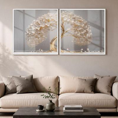 Quadro Decorativo Árvore de Ouro das Flores Brancas 90x90cm com Vidro Acrílico Moldura Branca Soleil