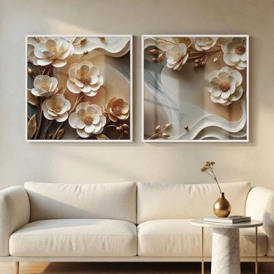 Quadro Decorativo Flores Brancas 3D Abstratas 50x50cm MDF sem Vidro Acrílico Moldura Branca Soleil
