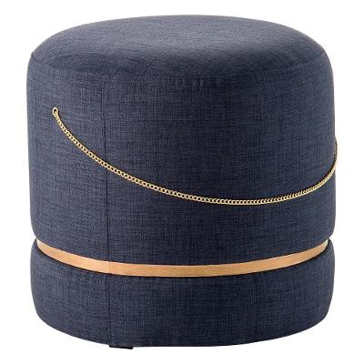 Puff Decorativo Ryu G66 Redondo Assento Espuma D-26 Linho Azul Dourado Gran Belo